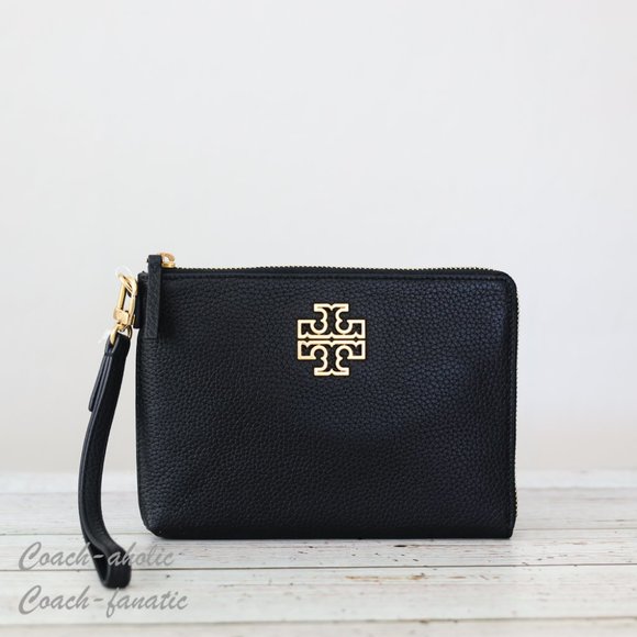 NWT Tory Burch Britten Large Zip Pouch Leather Wristlet in Black - Picture 1 of 8